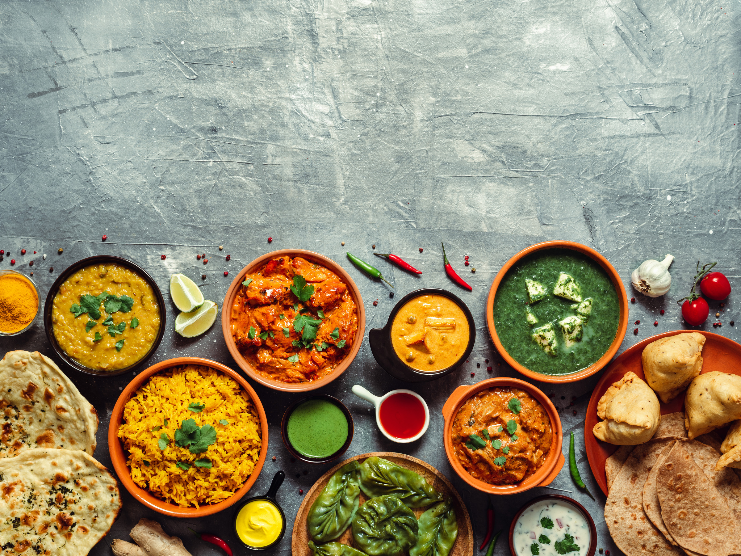 A feast of curries, rice, breads and Indian dishes